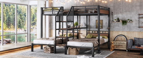 English Elm Full Xl Over Twin Triple Metal Bunk Bed with Storage Stairs and Shelves Black W1580S00546
