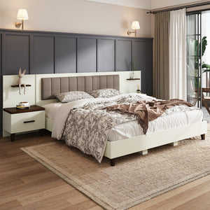 English Elm Christopher Knight Home® - King Upholstered Bed Frame with 108" Headboard and 2 Floating Nightstands, White & Brown Modern Storage N758K020304W