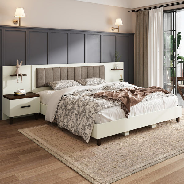 English Elm Christopher Knight Home® - King Upholstered Bed Frame with 108" Headboard and 2 Floating Nightstands, White & Brown Modern Storage N758K020304W
