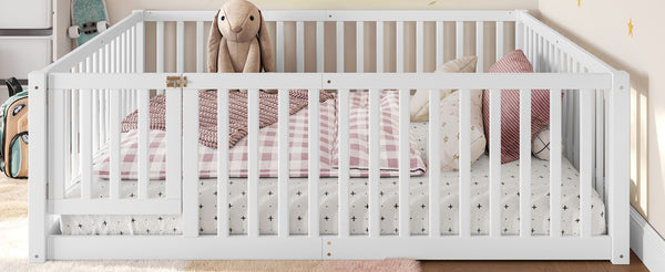 English Elm Twin Floor Bed Pine Wood Frame with Guardrails and Door for Safe Toddler Sleep Light White W1580P417670