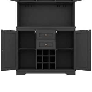 English Elm Coffee Bar Cabinet Dark Blue Farmhouse Buffet with Wine Cubbies, Stemware Rack, Drawers, Shelves & Prep Space Black W1580S00088
