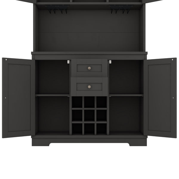 English Elm Coffee Bar Cabinet Dark Blue Farmhouse Buffet with Wine Cubbies, Stemware Rack, Drawers, Shelves & Prep Space Black W1580S00088