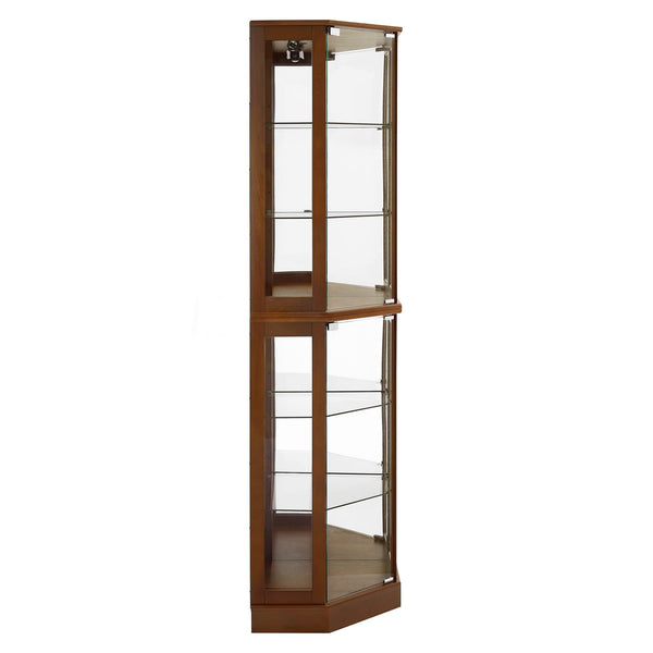 English Elm 6 Shelf Corner Curio Cabinet with Interior Lighting, Mirrored Back, Glass Shelves for Displays Walnut W1693P165021