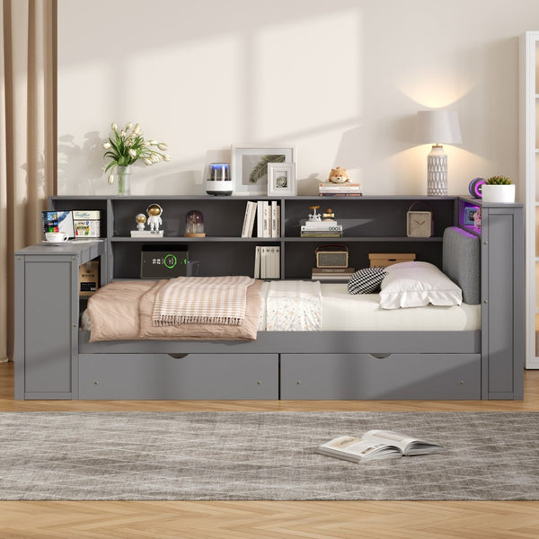 English Elm Wood Full Platform Bed with Led Headboard Built-in Desk Charging Station and Storage Shelves Grey N7090001047E-1