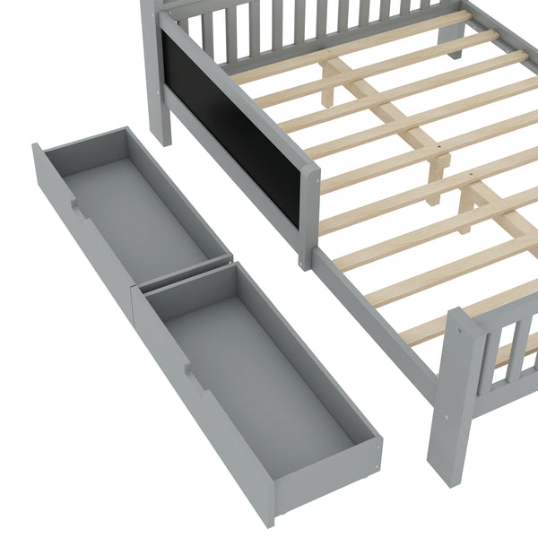 English Elm Full Solid Wood Platform Bed with Chalkboard Headboard, Storage Drawers & Shelves, Kid-Friendly White Gray W1580P362710