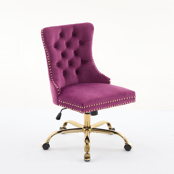 English Elm A&A Elegant Chenille Tufted Office Chair with Hand-Pulled Buttons, Nailhead Trim & Gold Chrome Base Purple W1143P369101