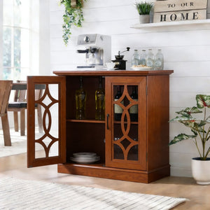 English Elm Elegant Mirrored Sideboard with Butterfly Carved Doors Wood Grain Finish Dining Storage Dark Oak W2899P372743