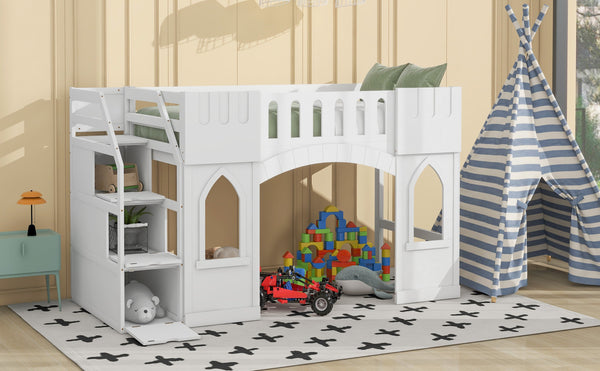 English Elm Twin Loft Bed with Storage Staircase and Window — Pinewood Modern Space-Saving Kids' Play & Sleep Loft White GX000727AAK