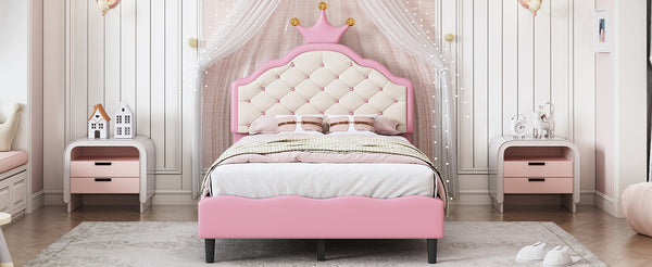English Elm Twin Lovely Crown Fantasy PU Leather Princess Bed with Tufted Headboard, Soft Upholstery, Sturdy Design Pink 42 L x 22.5 W x 7.5 H N733P198760H