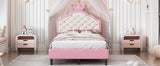 English Elm Twin Size Lovely Crown Fantasy Pu Leather Princess Bed With Tufted Headboard, Pink+Cream