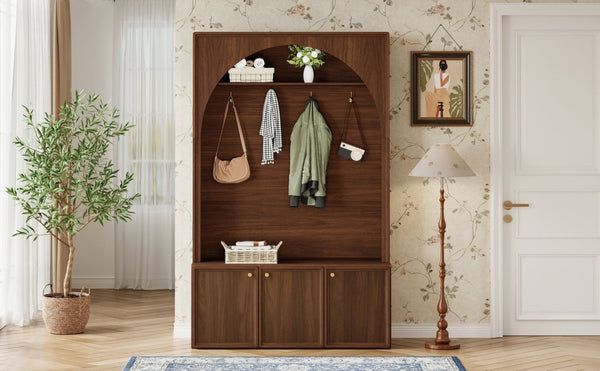 English Elm On-trend Farmhouse Hall Tree Arched Cabinet Storage Bench with Golden Hooks Mudroom Walnut N721S000080P