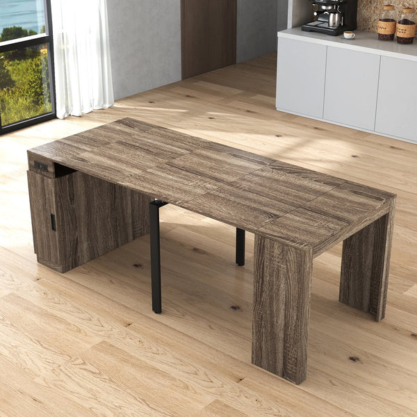 English Elm Modern Expandable Dining Table with Built-In Outlet, 5-Panel Extendable Space-Saving Design for Gatherings Brown W331S00192