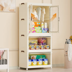 English Elm Portable Kids Wardrobe Cabinet with Magnetic Doors Hanging Rod and Four Cube Storage W2699P210481