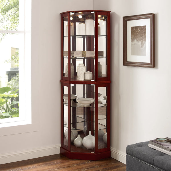English Elm 6 Shelf Corner Curio Cabinet with Interior Lighting, Mirrored Back, Glass Shelves for Displays Cherry W1693P165027