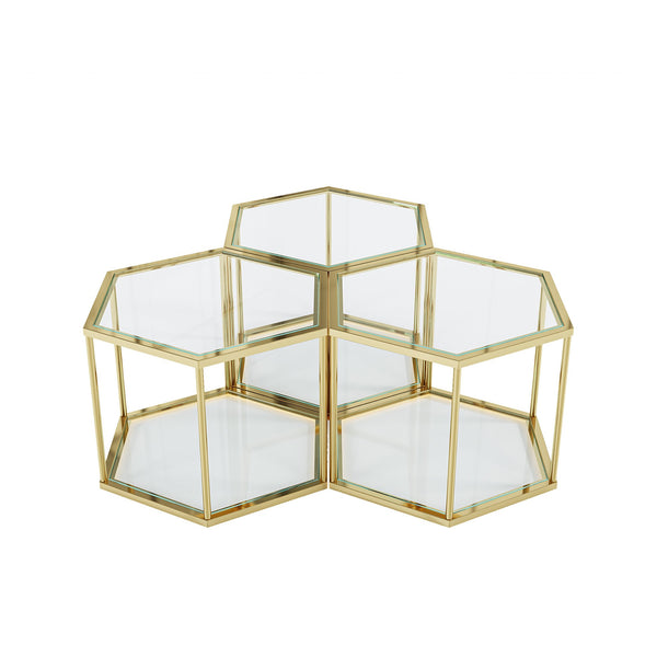English Elm 1+2 Gold Stainless Steel Coffee Table Set with Double-Layer Tempered Glass, Polygonal Modern Accent W2723S00040