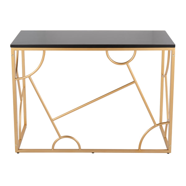 English Elm Constellation Geometric Desk with Gold Metal Frame and Wood Top — Modern Vanity or Office Statement PMID Black B202P223959