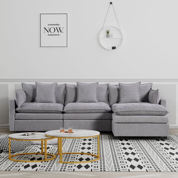 English Elm 108.66"Modern Chenille L-Shaped Sectional Sofa with Convertible Chaise, Solid Wood Frame, Plush Foam Comfort and Ottoman Set for Spacious Living Room Light Gray W1036S00055