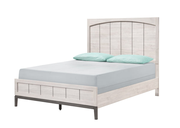 English Elm Contemporary Queen Panel Bed with LED Lighted Headboard, Distressed Textured Wood Finish, Stylish Durable Craftsmanship Beige+White 66 L x 6 W x 40 H B011S01545