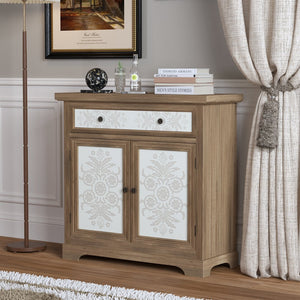 English Elm Rustic Boho Carved Accent Cabinet with Drawer & Removable Shelves, Distressed Sideboard Storage for Entryway W808P245579