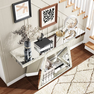 English Elm 55.9" Luxe Full-Body Mirror Entryway Table — 360° Reflective Console with Trapezoid Base, Sturdy Open Storage and Scratch-Resistant Finish for Hallway Glam W1445P299174