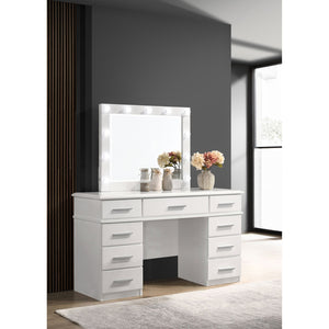 English Elm Sarah Glossy White Vanity Desk with Mirror & Hollywood Lights, Felt-Lined 9 Drawers, High Gloss Finish B062S01007