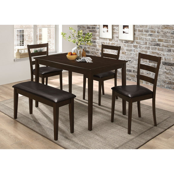 English Elm Arvin Cappuccino 5 Piece Dining Set with Bench, Tapered Legs, Faux Leather Seats, Modern Oak Finish B062P337752