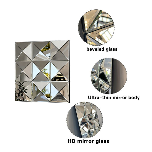 English Elm 3d Beveled Glass Geometric Square Wall Mirror Sculptural Triangular Art for Living Room W3836P410041