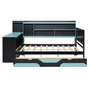 English Elm Full Size Gaming Bed Frame with Desk Led Lights Storage Drawers and Charging Station Black+Blue LP000289AAC