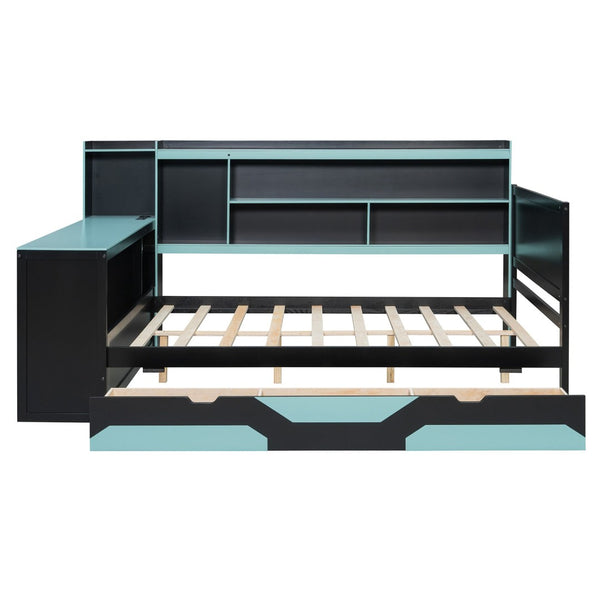 English Elm Full Size Gaming Bed Frame with Desk Led Lights Storage Drawers and Charging Station Black+Blue LP000289AAC
