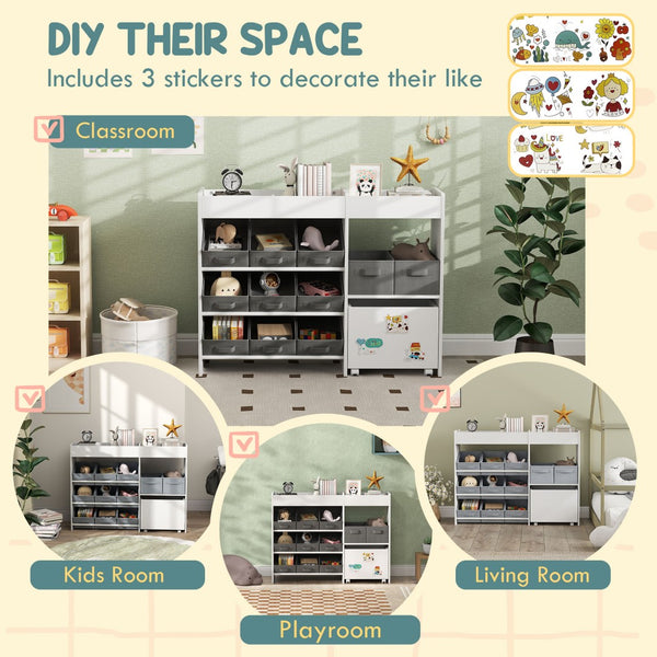 English Elm Qaba Kids Toy Organizer with 11 Fabric Bins Open Shelves and Cabinet in White W2225P485641