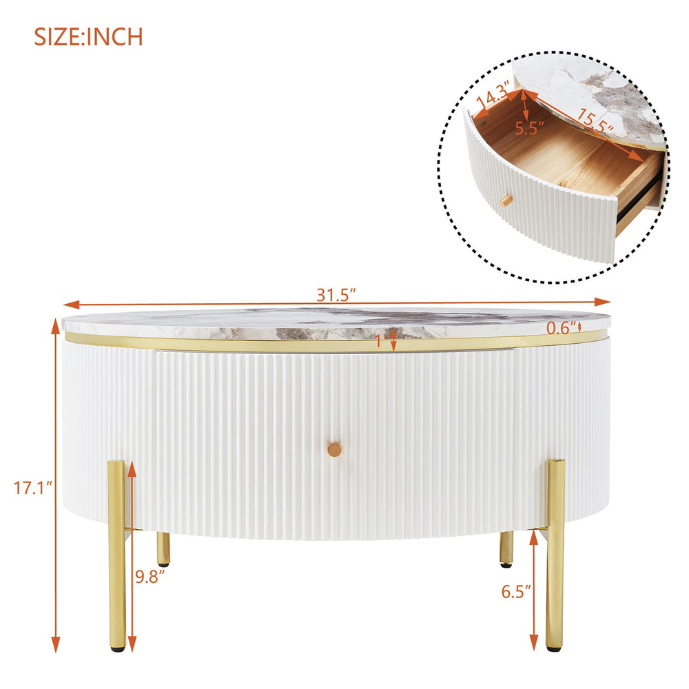 English Elm Modern Round Coffee Table with Dual Drawers for Storage, White MDF Top & Gold Metal Base, 31.5" N735P338995K