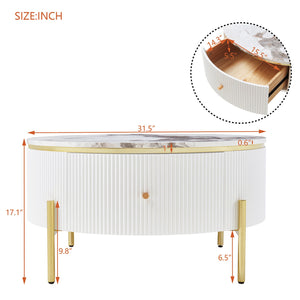 English Elm Modern Round Coffee Table with Dual Drawers for Storage, White MDF Top & Gold Metal Base, 31.5" N735P338995K