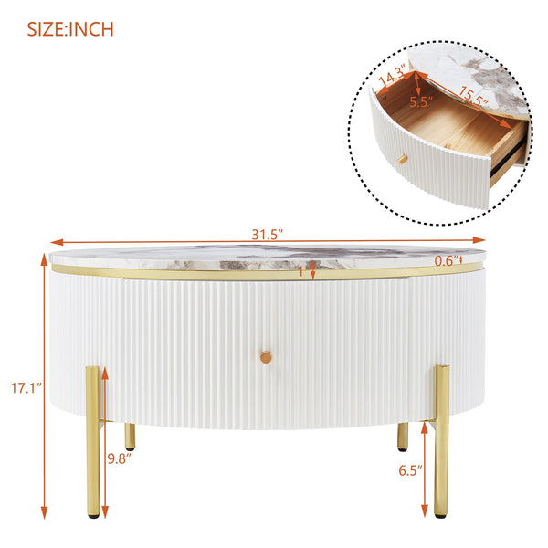 English Elm Modern Round Coffee Table with Dual Drawers for Storage, White MDF Top & Gold Metal Base, 31.5" N735P338995K