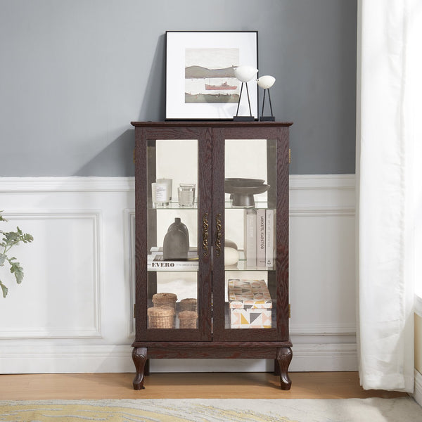English Elm Cherry Curio Cabinet with Lighted Tempered Glass, Mirrored Back, Adjustable Shelves & Antique Handle W1758P300118