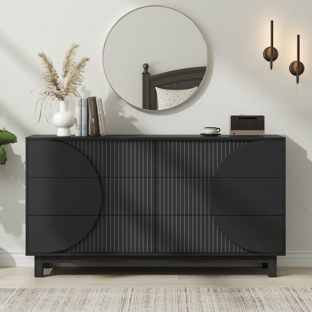 English Elm Modern Fluted 6 Drawer Dresser with Solid Wood Legs Japandi Chest for Bedroom Carbon Black N739S0000015E