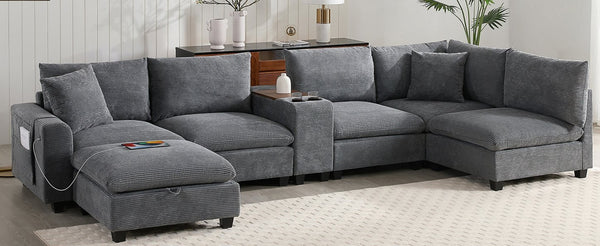 English Elm 139'' U-shaped Corduroy Sectional with Ottoman Console Usb Port and Cup Holders for Living Gray N723S1166E