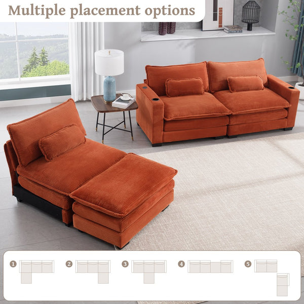 English Elm L Shape Sofa Couch With Usb Charging & Cup Holders – Stylish 3-Seater Corduroy Sectional & Ottoman W2100S00180