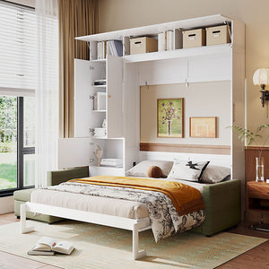 English Elm Queen Murphy Bed with L-shaped Velvet Sofa Storage Cabinets for Studio Living White LP000765AAG-1