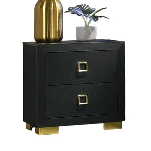 English Elm Modern Nightstand Black Melamine 24"W x16"D x24"H — Gold Trim, Square Pulls, Center Glide Drawers, Dovetail Construction B2741P324374
