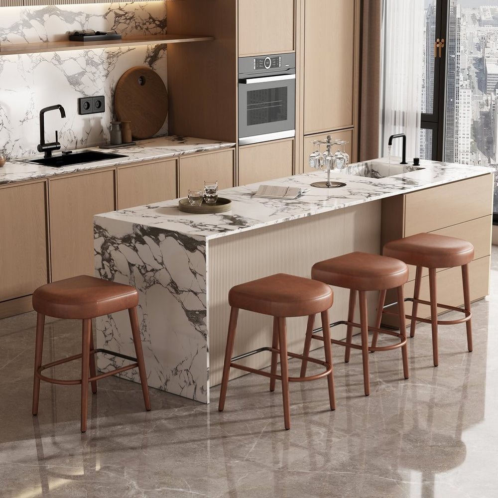 English Elm Backless Blue Fabric Upholstered Counter Stools Set of Two with Padded Seat Footrest W5096P400683