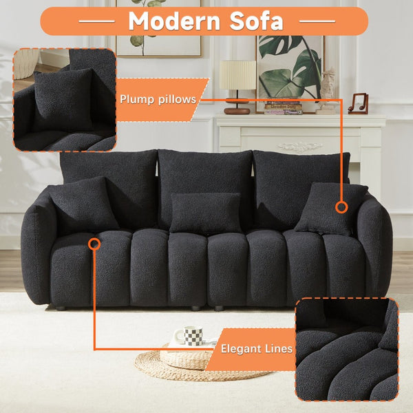 English Elm 3 Seater Paired Teddy Fleece Sofa Set Pine Frame Living Room Seating with Cushions Black W1193S00186