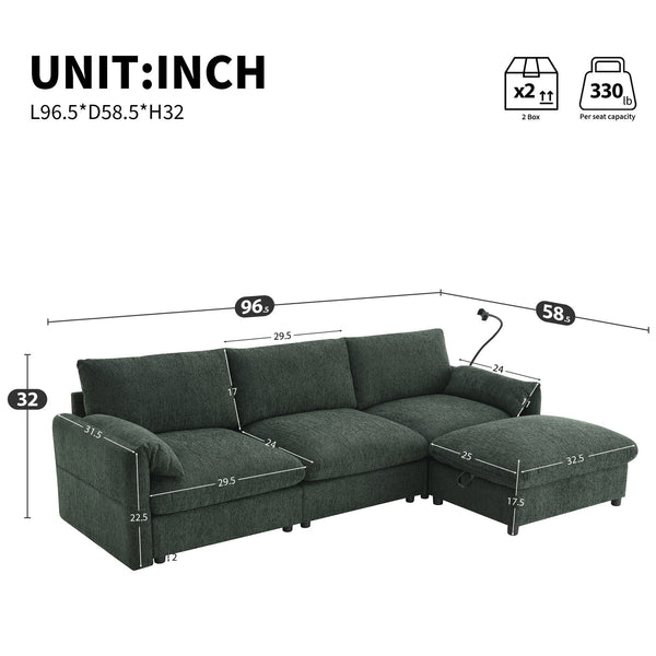 English Elm 96.5'' L-Shaped Sectional Sofa with Giant Storage Ottoman, USB Type-C Charger, Phone Holder and Pocketed Arms Green N723S8776F