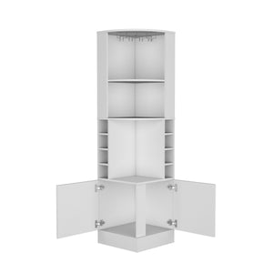 English Elm Corner Bar Cabinet with Ten Built-In Wine Slots, Cup Rack & Spacious Top Shelf for Entertaining White 46.46 L x 23.23 W x 3.15 H B097S00193