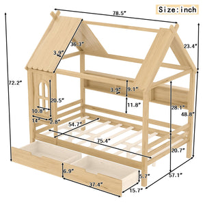 English Elm Full House Solid Wood Platform Bed with Window Roof, Under-Bed Drawers & Shelves for Kids' Rooms Natural W1580S00268
