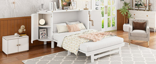 English Elm Full Murphy Bed with Woven Rattan Cabinet Front and Built-in Side Storage Units White LP000599AAK