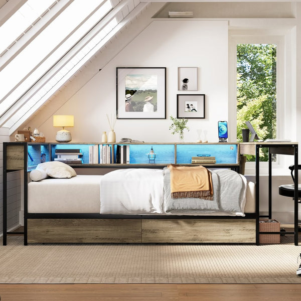 English Elm Corner Twin Platform Bed Bookcase Led Lighting Charging Station Underbed Storage W1670P428838