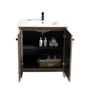 English Elm 30 Inch Floating Bathroom Vanity Fluted Wood Grain Front with Ceramic Integrated Sink Antique Grey W3520S00032