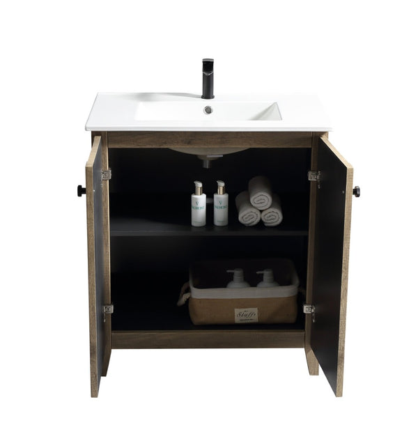 English Elm 30 Inch Floating Bathroom Vanity Fluted Wood Grain Front with Ceramic Integrated Sink Antique Grey W3520S00032