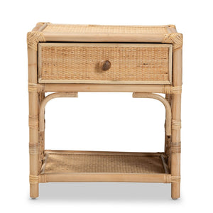 English Elm Modern Rattan Nightstand with Drawer and Open Shelf for Bohemian Bedroom Decor B2750P470042