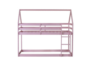 English Elm Twin Rubber Wood Floor Bunk Bed House-Shaped Design with Ladder Guardrails Sturdy Low-Profile Retreat Pink W504P206867